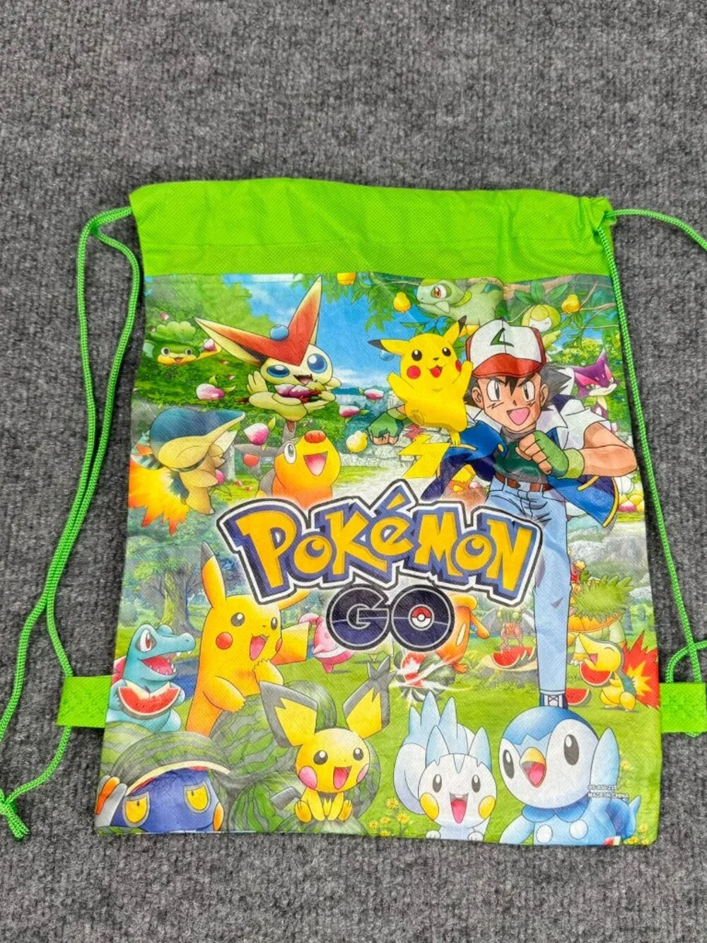 Pokemon Go Green Drawstring Backpack Gym Bag Kids Character Print Ash Pikachu